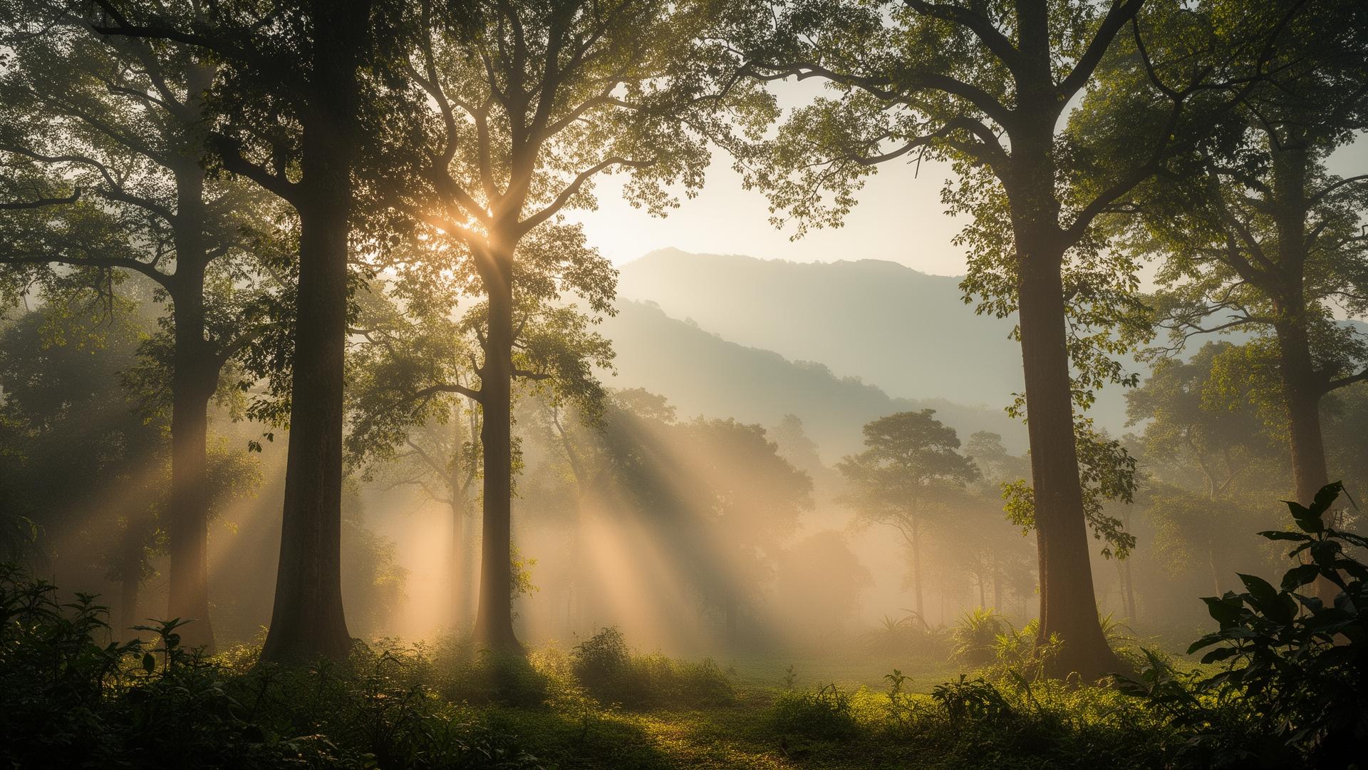 Misty Himalayan jungle morning near Rishikesh