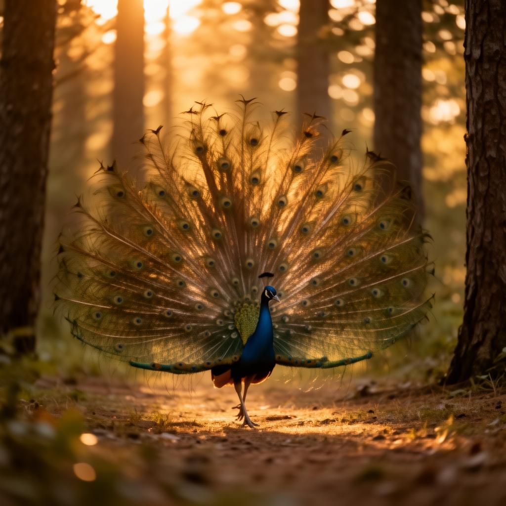 A wild peacock with spread plumage in the forest
